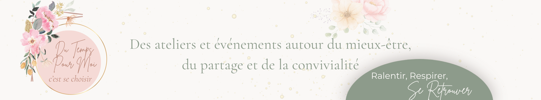 Bannière de l’association Du Temps pour Moi, avec fleurs dans des tons rose poudré et vert sauge
